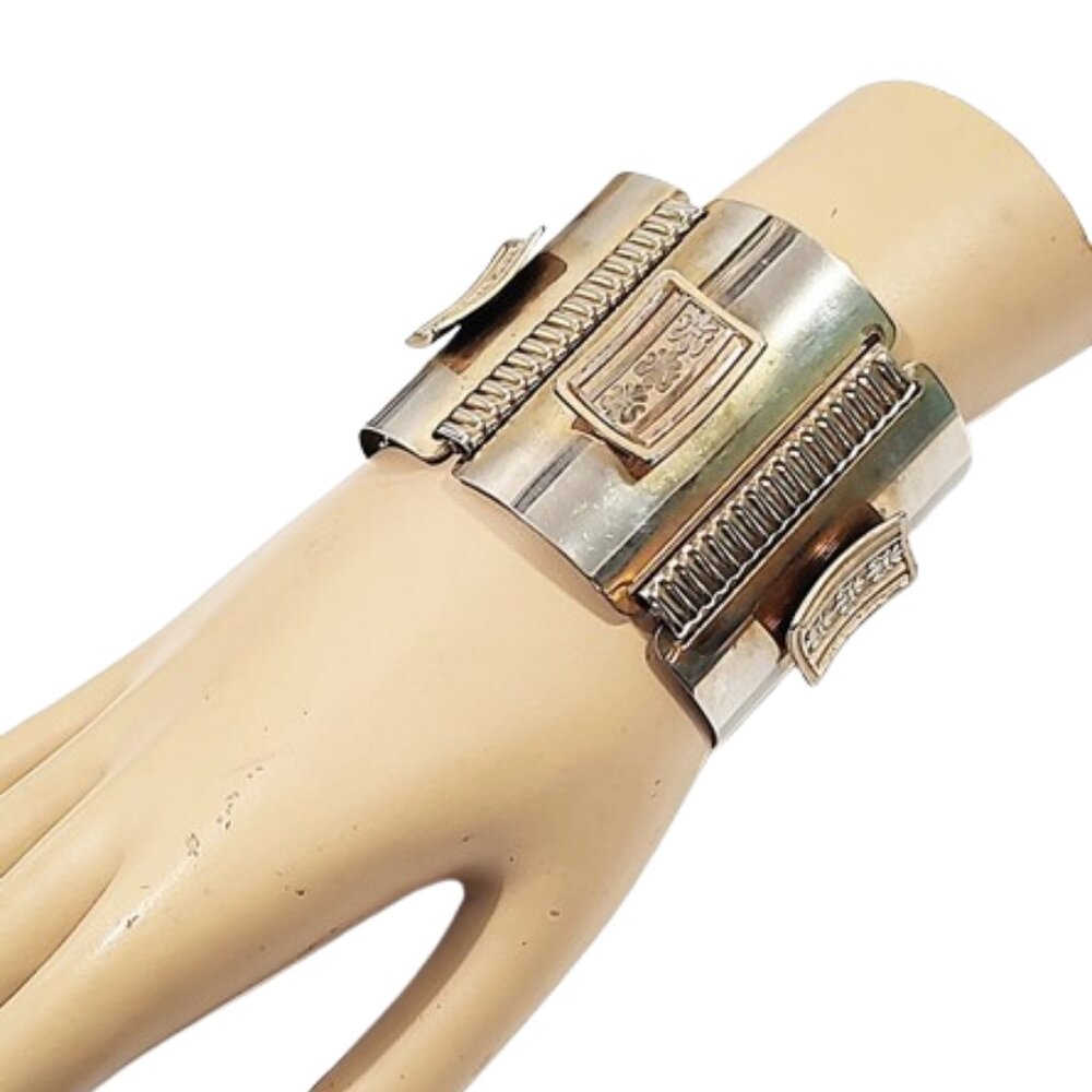 1960s Vintage Large Extra Wide Gold Tone Panel Bracelet With Raised Designs